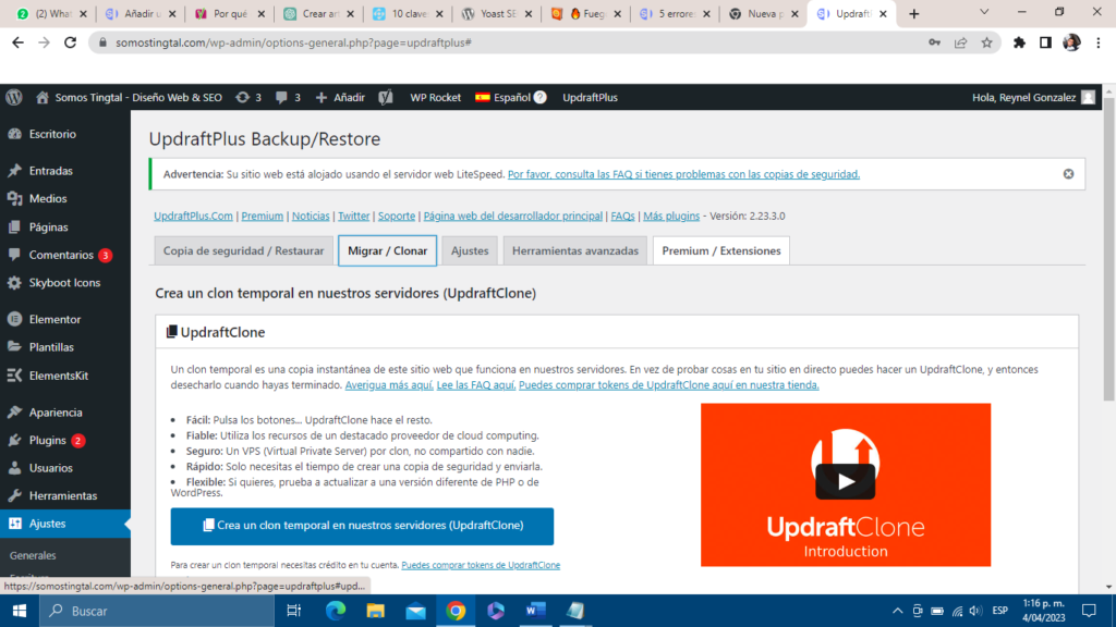 Captura del plugin UpdraftPlus Backup/Restore dando una base para un buen Soporte tÃ©cnico en WordPress