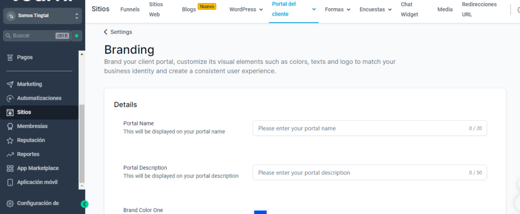 Screenshot of the branding parameters to configure in my courses in Go High Level