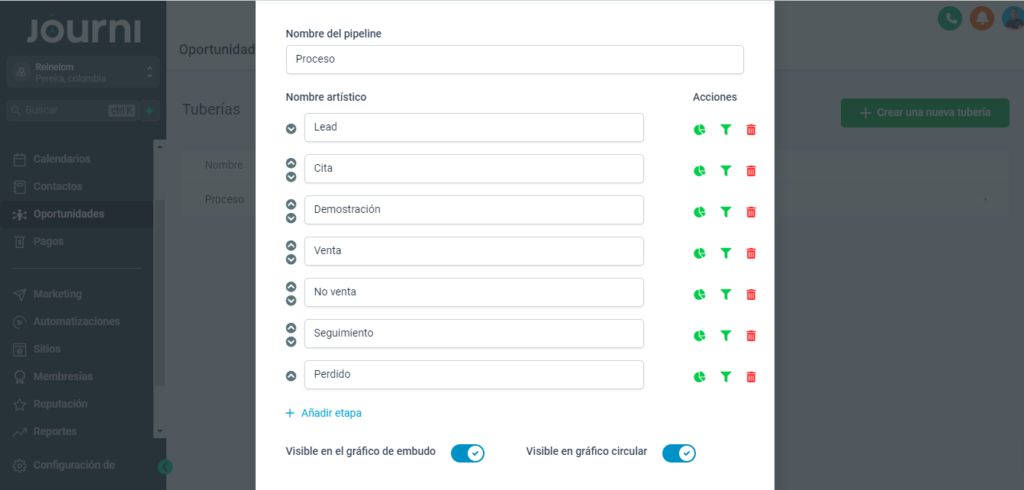 Captura de pantalla de configuraciones de las etapas del pipeline en Go high live