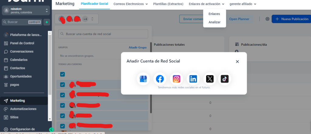 Captura de pantalla de Integración de múltiples redes sociales en Go highlevel